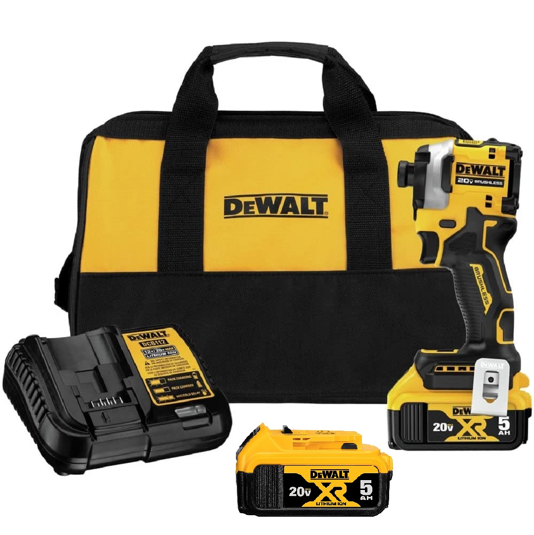 Kit Parafusadeira Impacto Atomic Dcf850 20v Brushless Dewalt +  2 Baterias 5Ah 20V + Carregador + Bolsa DCB205C2K Dewalt 