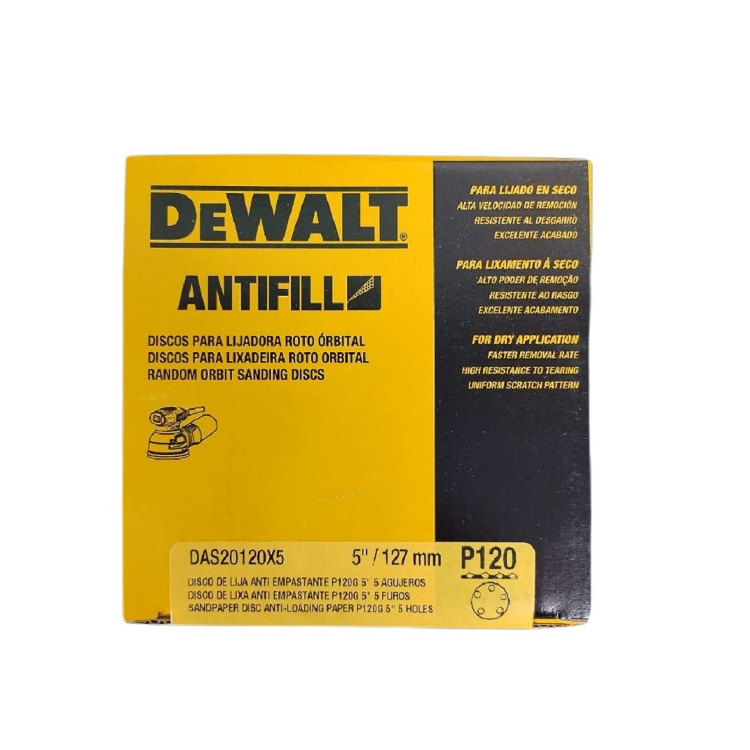 Disco Lixa 5" 5 Furos 50 peças Grão 120 Antifill DAS20120X5 Dewalt