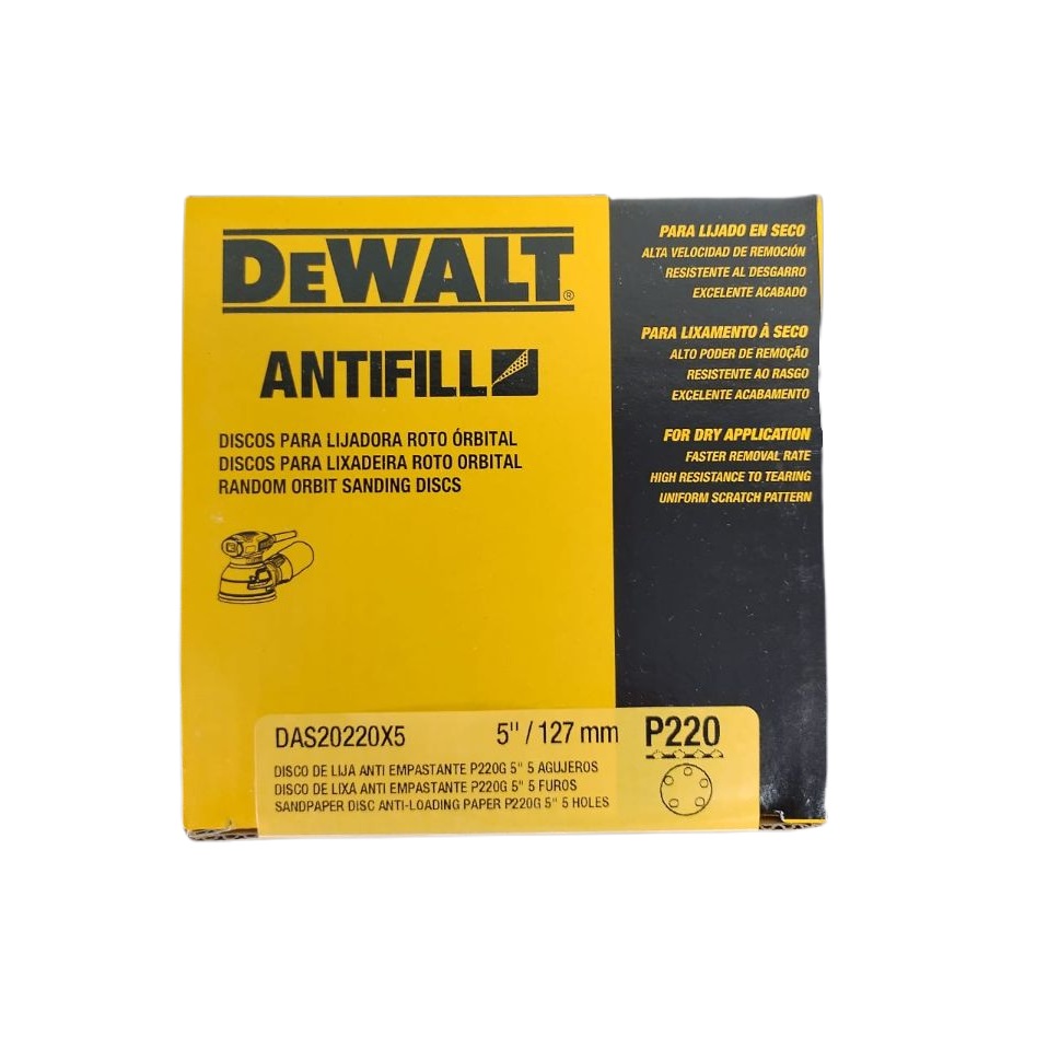 Disco de Lixa 5" 5 Furos 50 peças Grão 220 Antifill DAS20220X5 Dewalt