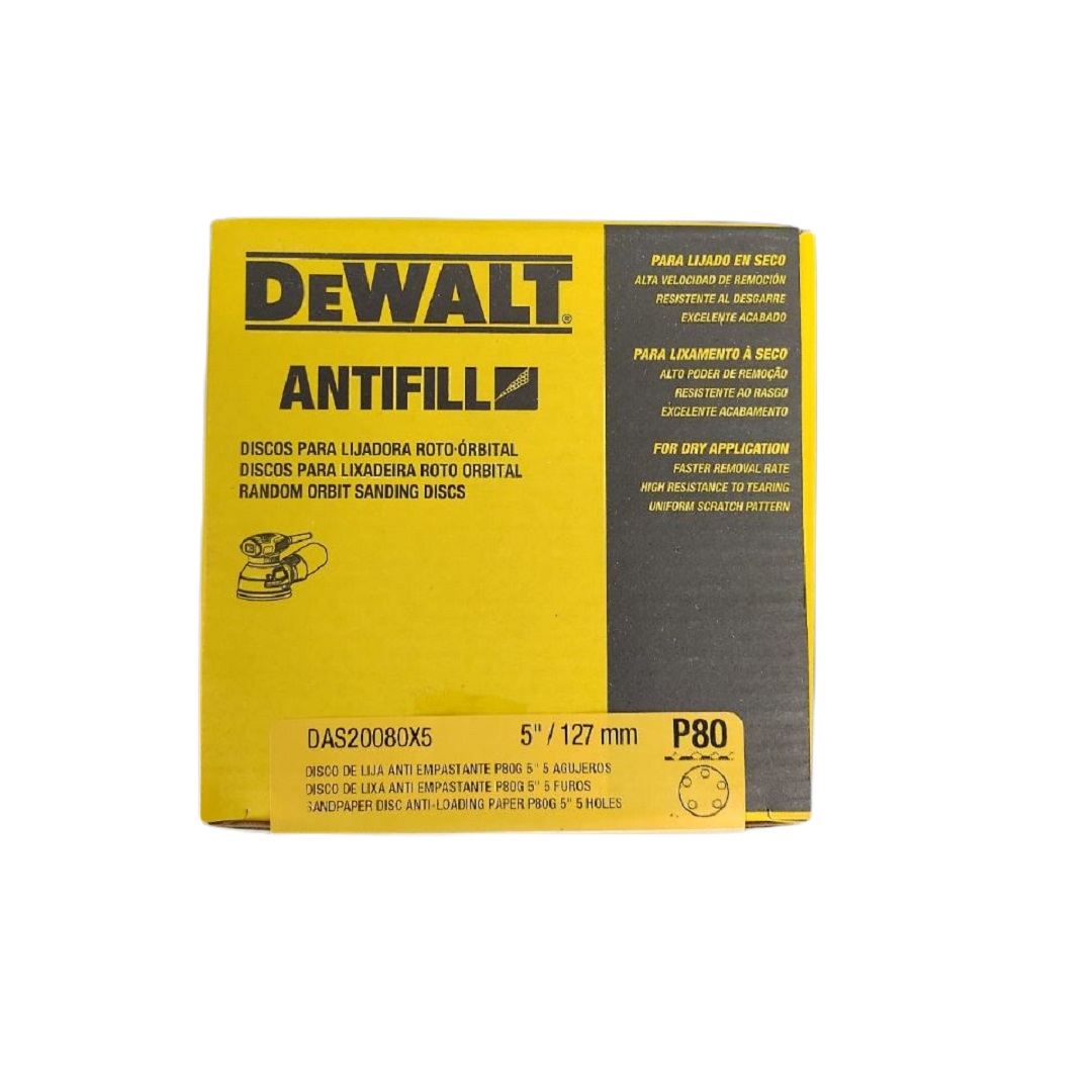 Disco Lixa 5" 5 Furos 50 peças Grão 80 Antifill DAS20080X5 Dewalt