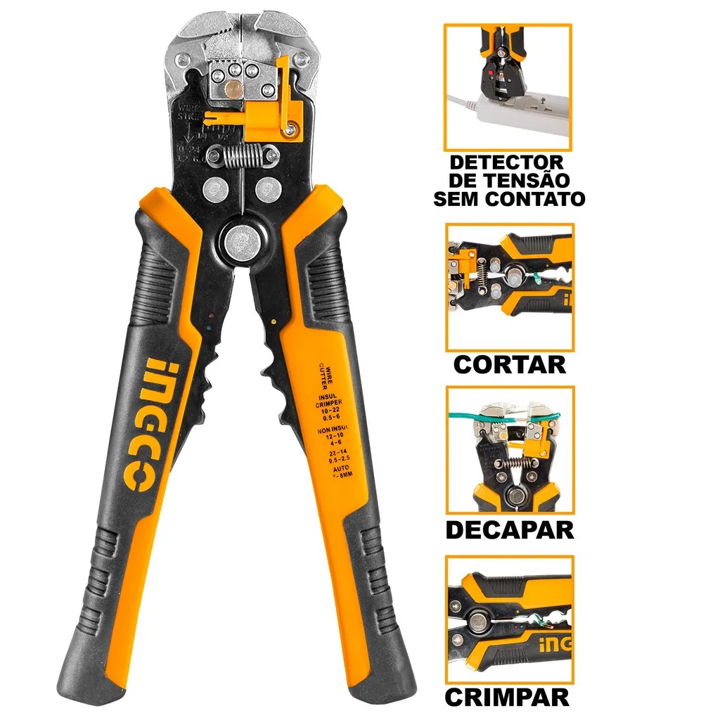 Alicate 4 Em 1 Corta Desencapa Crimpa E Detecta Tensão 8.1/4 HWSP102429 Ingco 