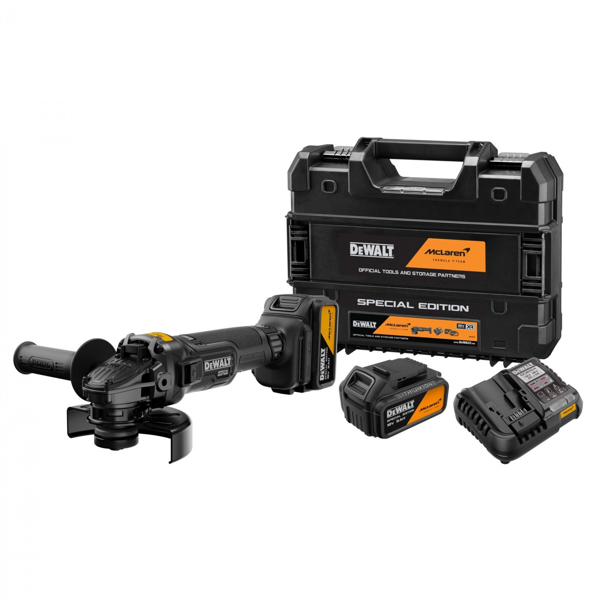 KIT ESMERILHADEIRA 5" (125MM) 20V XR BRUSHLESS, 2 BATERIAS 5.0AH, CARREGADOR E MALETA TSTAK EDIÇÃO ESPECIAL MCLAREN DCG45MP2T