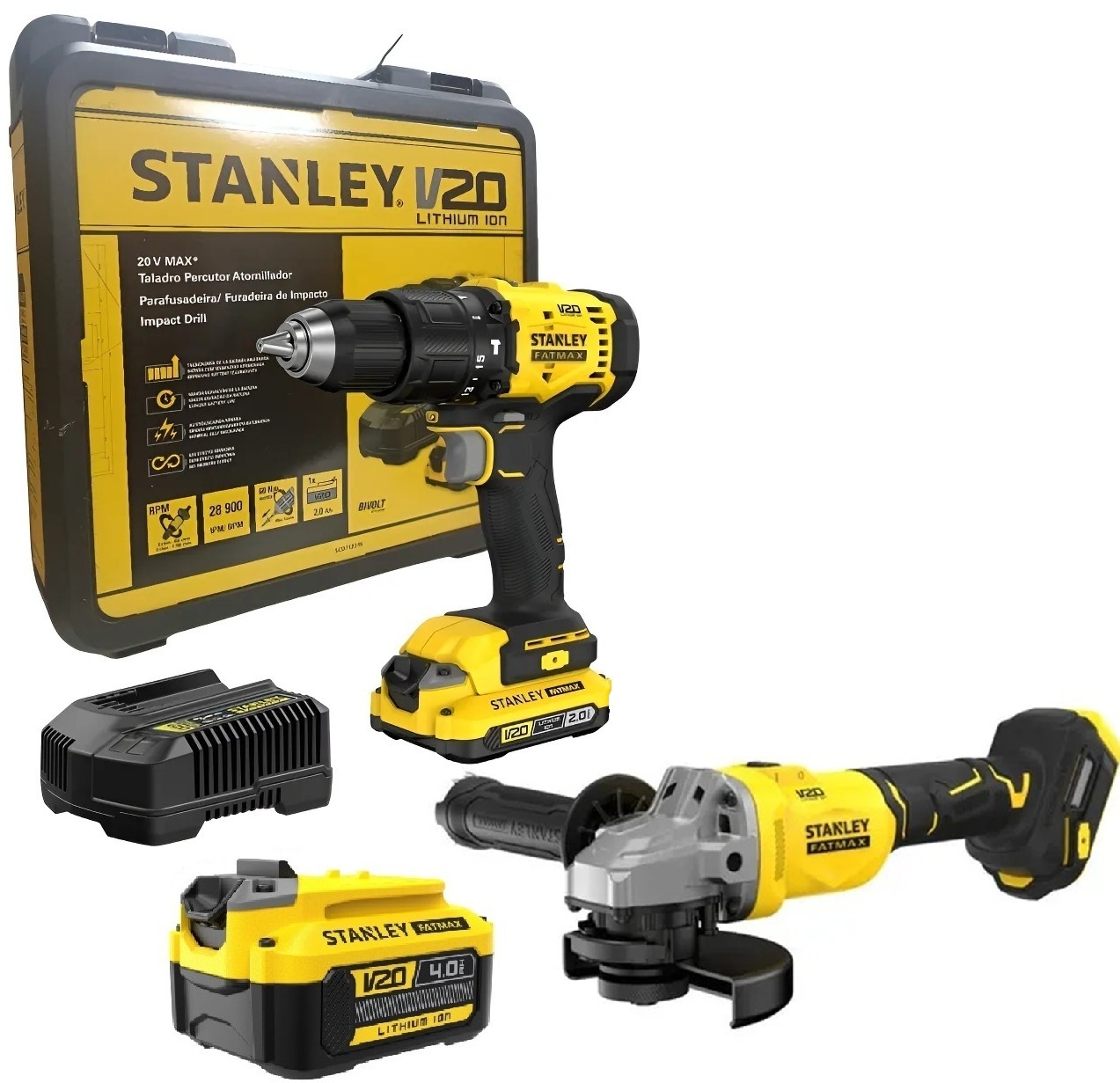 Kit Furadeira Parafusadeira 20V SCD712D1K e Esmerilhadeira 4.1/5" 20V SBG710 + BRINDE Bateria 4Ah 20V Stanley 