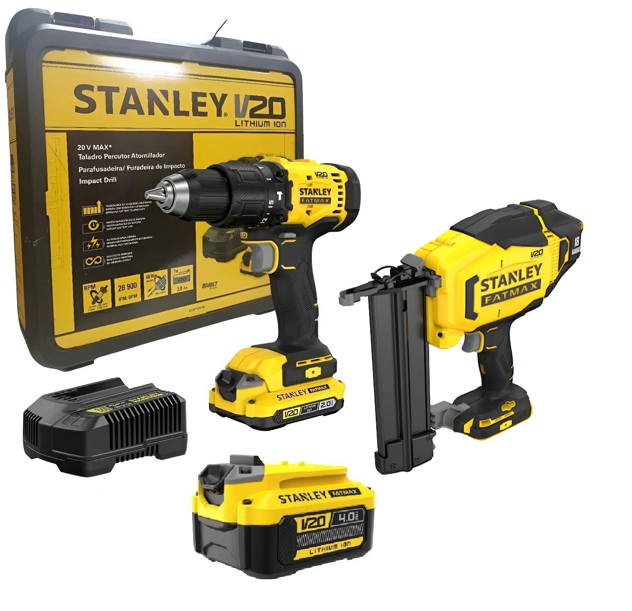 Kit Furadeira Parafusadeira 20V SCD712D1K e Pinador 20V SCN618B + BRINDE Bateria 4Ah 20V Stanley 