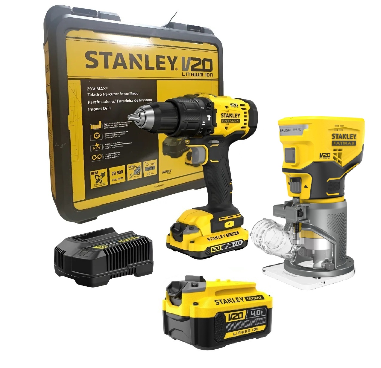 Kit Furadeira Parafusadeira de Impacto SCD712D1K e Tupia Compacta 20V 1/4" Brushless SCW400B-B3 + BRINDE Bateria Extra 20V 4Ah Stanley