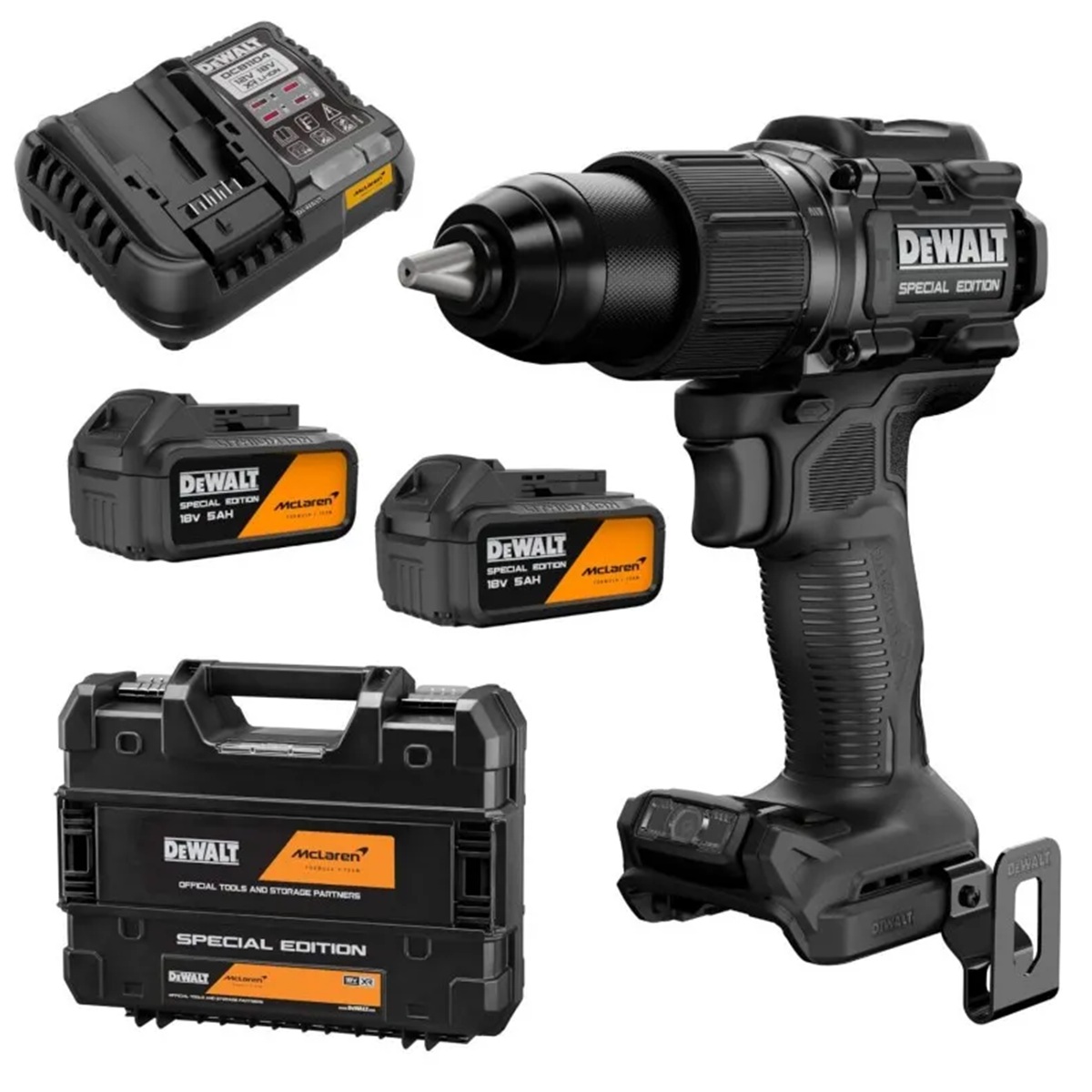 KIT PARAFUSADEIRA/FURADEIRA DE IMPACTO DE 1/2" (13MM) 20V XR BRUSHLESS, 2 BATERIAS 5.0AH, CARREGADOR E MALETA TSTAK EDIÇÃO ESPECIAL MCLAREN DCD86MP2T