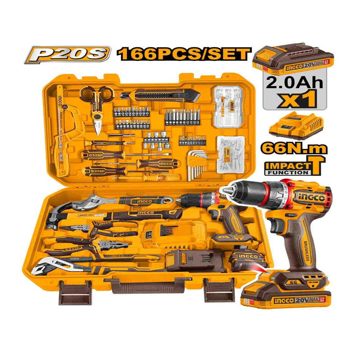 Kit Parafusadeira Furadeira 1/2''  a Bateria 20V 166 Peças HKTHP41662-9 Ingco 
