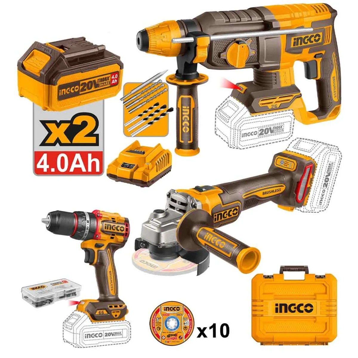 Kit Parafusadeira + Esmerilhadeira + Martelete Sds 20v INGCO 