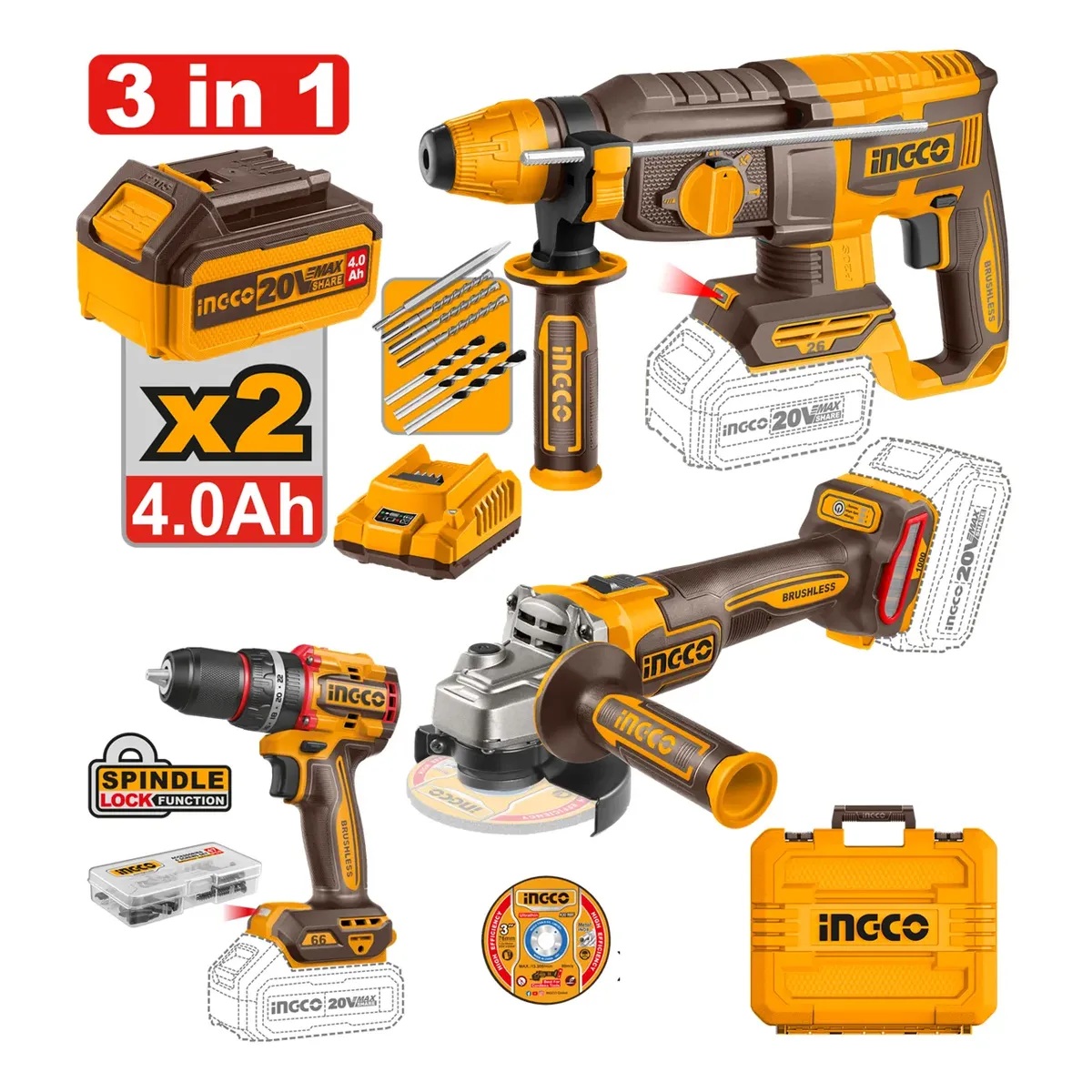 Kit Parafusadeira + Esmerilhadeira + Martelete 2x 4ah CKLI202598-9 Ingco 