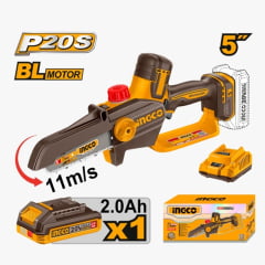 SERRA PODADORA INGCO 5" A BATERIA 20V LINHA P20S COM 1 BATERIA 2.0Ah E CARREGADOR  GSLI20561-9