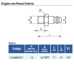 Pino Engate Rapido Rosca ext.1/2" Macho NPT ER-1 020070 Dynamics
