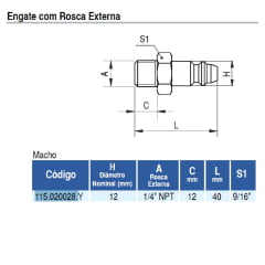 Pino Engate Rápido Rosca Ext.1/4" ER1 Macho NPT 020028 Dynamics