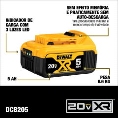 Kit 2 Baterias 5Ah 20V + Carregador + Bolsa DCB205C2K Dewalt