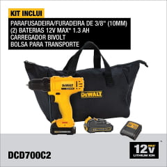 Kit Parafusadeira Furadeira 3/8 12v 2 bat DCD700LC2 Dewalt