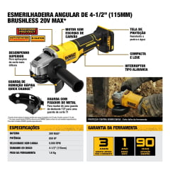 ESMERILHADEIRA 4-1/2" (115MM) 850W 20V BRUSHLESS DCG408B-B2 DEWALT