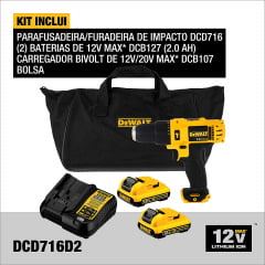 Parafusadeira Furadeira Impacto 12v 2 Bat Dcd716d2-br Dewalt