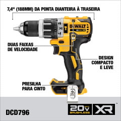 Parafusadeira Furadeira de Impacto 1/2" à bateria 20V BRUSHLESS DCD796 B DEWALT