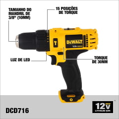 Kit Parafusadeira Furadeira de Impacto 3/8" à bateria 12V DCD716 + Nível a Laser DCE088 DCK205D2T-BR Dewalt