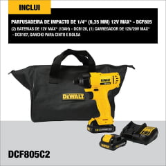 KIT PARAFUSADEIRA DE IMPACTO 1/4" 12V MAX DCF805C2-BR DEWALT