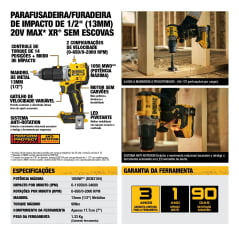 KIT PARAFUSADEIRA FURADEIRA DE IMPACTO DE 1/2" (13MM) A BATERIA 20V XR BRUSHLESS DCD806D2 DEWALT