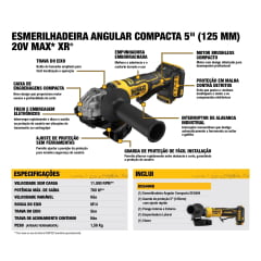 ESMERILHADEIRA COMPACTA 5" A BATERIA 20V BRUSHLESS DCG404B DEWALT