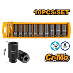 JOGO SOQUETE DE IMPACTO 1/2" LONGO 10 A 24 MM INGCO HKISSD12102L 