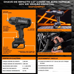 KIT CHAVE DE IMPACTO 1/2” ALTO TORQUE 20V XR BRUSHLESS, 2 BATERIAS 5.0AH, CARREGADOR E MALETA TSTAK EDIÇÃO ESPECIAL MCLAREN DCF99MP2T 