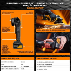 KIT ESMERILHADEIRA 5" (125MM) 20V XR BRUSHLESS, 2 BATERIAS 5.0AH, CARREGADOR E MALETA TSTAK EDIÇÃO ESPECIAL MCLAREN DCG45MP2T