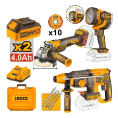 Kit Profissional INGCO 20V Esmerilhadeira, Martelete e Lanterna COSLI250183-9 Ingco 