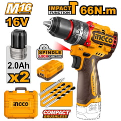 Kit Parafusadeira furadeira 1/2'' a bateria 16V 66Nm Brushless CIDLI166062 Ingco