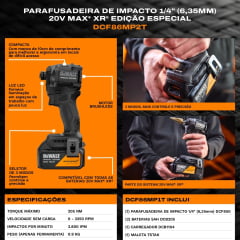 KIT PARAFUSADEIRA DE IMPACTO COMPACTA 1/4" 20V XR® BRUSHLESS , 2 BATERIAS 5.0AH, CARREGADOR E MALETA TSTAK EDIÇÃO ESPECIAL MCLAREN DCF86MP2T