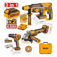 Kit Parafusadeira + Esmerilhadeira + Martelete 2x 4ah CKLI202598-9 Ingco