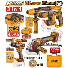 Kit Parafusadeira + Esmerilhadeira + Martelete 2x 4ah CKLI202598-9 Ingco