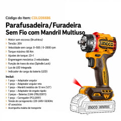 Kit Parafusadeira Furadeira 4 em 1 66 Nm CDLI206686-9 INGCO Kit Parafusadeira Furadeira 4 em 1 66 Nm CDLI206686-9 INGCO