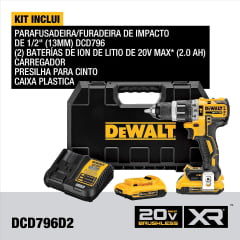 Kit Parafusadeira Furadeira de Impacto 1/2" Brushless Dewalt Dcd796d2