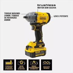 Kit Parafusadeira de impacto 1/4" 20V Brushless SBI810D2K + Chave De Impacto Sem Fio 1/2" (13mm) 20V Max  SBW920-B2 + BRINDE Bateria Extra 20v 4ah Stanley