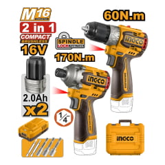 Kit Parafusadeira/Furadeira + Parafusadeira de Impacto 16v Cosli240968-9 Ingco 