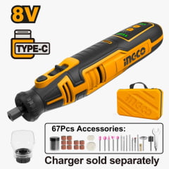 MICRO RETIFICA À BATERIA USB-C COM 67 ACESSORIOS CMGLI0801 INGCO